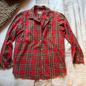 Marine Layer Izzy Button-Down Plaid Collared Shirt, Large, Red Tartan Plaid